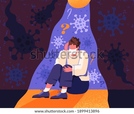 A person who is afraid of being infected with COVID-19. He suffers from depression, panic and fear. Self-isolation and loneliness destroy his personality. Flat cartoon vector illustration