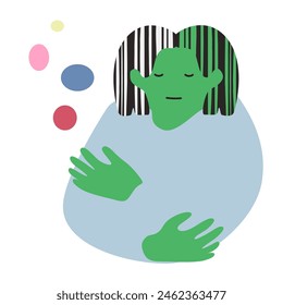 A person who is calm. Soft round illustration. Stylization of forms. Embrace of caring hands. Sympathy and not indifference.
