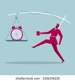 The person who chased time. Isolated on blue background.
