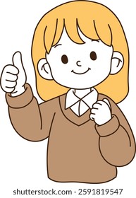 A person who cheers by her thumb up with her hand. It's a smiley face. minimal line art vector illustration.