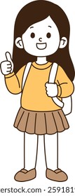 A person who cheers by her thumb up with her hand. It's a smiley face. minimal line art vector illustration.