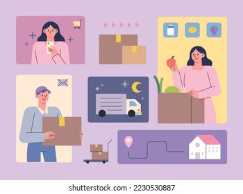 A person who does mobile shopping and moves, goods move during the night, delivery man delivers and receives orders. Composed of square frame pieces.