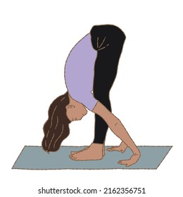 Person who doing standing forward bend yoga or fitness exercise on mat. Hand drawn flat vector illustration isolated on white background. 