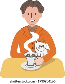A person who drinks coffee with a cat on his lap