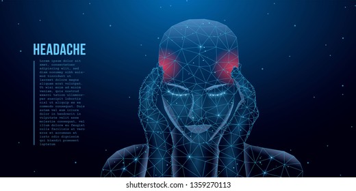 A person who has a headache, migraine, pain, pressing his hands to his head. Health and pain. A tired man with a severe headache suffers from a migraine. Low poly concept. Vector