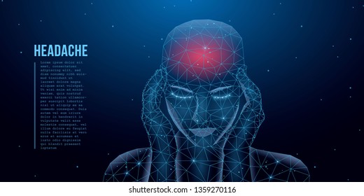 A person who has a headache, migraine, pain, pressing his hands to his head. Health and pain. A tired man with a severe headache suffers from a migraine. Polygon vector wireframe concept. Vector