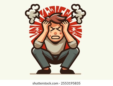 Person who has headache, migraine, insomnia, pain, pressing his hands to his head. Tired man with severe headache suffers from migraine. Post-traumatic stress disorder. Post-concussion syndrome