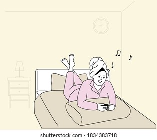 a person who lies in bed after work and does internet shopping on his cell phone illustration set. clock, room, home, pillow, pajamas. Vector drawing. Hand drawn style.