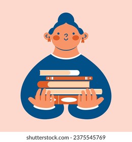 Person, who love books. Young woman holding stack of different books. World Book Day. Vector illustration in modern abstract style for motivation sticker, card, banner. Learing, educational process.