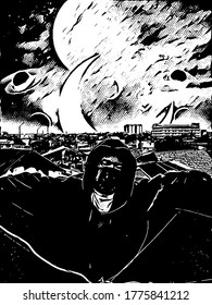 The person who is on top of the roof with the background of the houses and galaxy.