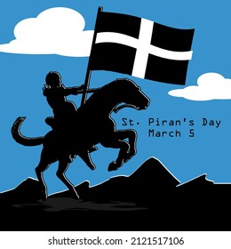 a person who is riding a horse carrying a black and white st piran flag, St. Piran’s Day March 5