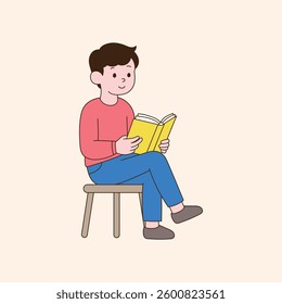 A person who sits on a stool and reads a book. minimal line art vector illustration.
