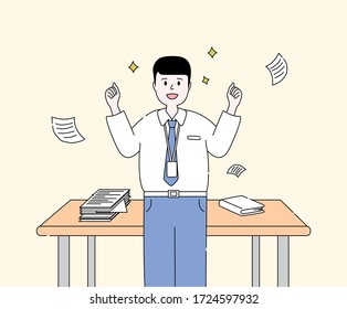 A person who successfully completed a project in the company illustration set. work, end, company, satisfaction. Vector drawing. Hand drawn style.