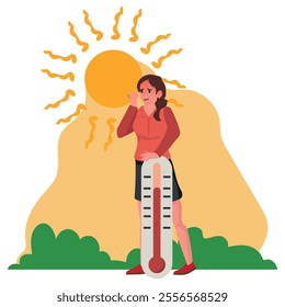 Person who suffers from the heat of the summer sun. Sad woman sweating under hot sunlight, high temperature on thermometer. Risk of heatstroke, healthcare, sunny weather concept flat vector illustrati
