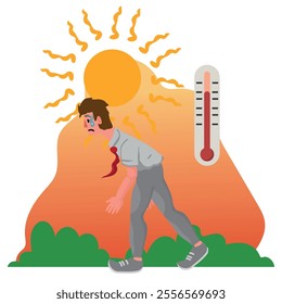 Person who suffers from the heat of the summer sun. sad man sweating under hot sunlight, high temperature on thermometer. Risk of heatstroke, healthcare, sunny weather concept flat vector illustration