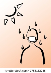 A person who wears a mask on a hot day and gets heat stroke. Hand-drawn line drawing. Vector image that can be used for icons and logos.