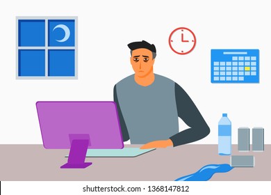 A person who is working until late night and really tired but need to finish the work before deadline. He drink a lot of water and energy drink to stay awake. Some of the drink is spilled.