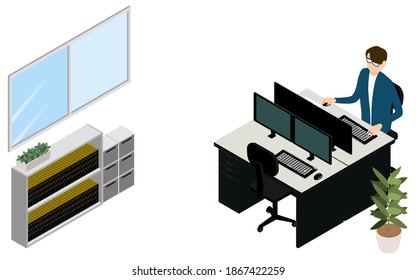 A person who works alone in the office isometric