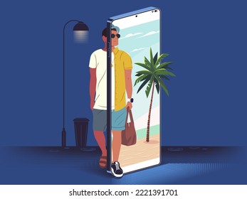 A person whose level of life does not correspond to the one on the social networks. A person who is poor in reality but wants to give the impression of being rich. Flat design vector illustration.