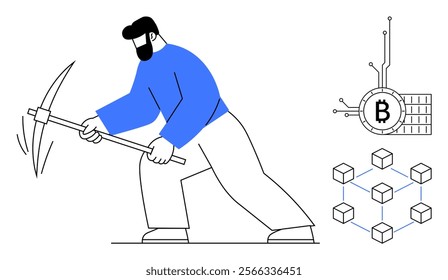 A person wielding a pickaxe symbolizing bitcoin mining with blockchain network and cryptocurrency icon. Ideal for themes of cryptocurrency, blockchain technology, digital economy, fintech innovation