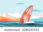 Person windsurfing in the ocean, with the wind blowing through their hair and the waves crashing around them. Flat vector summer watersport illustration concept. Gadget-free vacation