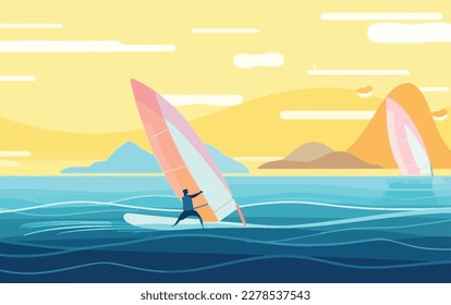 Person windsurfing in the ocean, with the wind blowing through their hair and the waves crashing around them. Flat vector summer watersport illustration concept. Gadget-free vacation