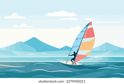 Una persona windsurf en el océano, con el viento soplando a través de su pelo y las olas estrellándose alrededor de ellos. Concepto de ilustración de deportes acuáticos de verano con vectores planos. Vacaciones libres de gadgets