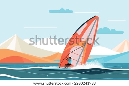 Person windsurfing in the ocean, with the wind blowing through their hair and the waves crashing around them. Flat vector summer watersport illustration concept. Gadget-free vacation