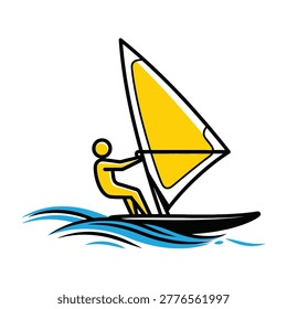 Person windsurfing on waves with yellow sailboard and sail, active outdoor recreation sport