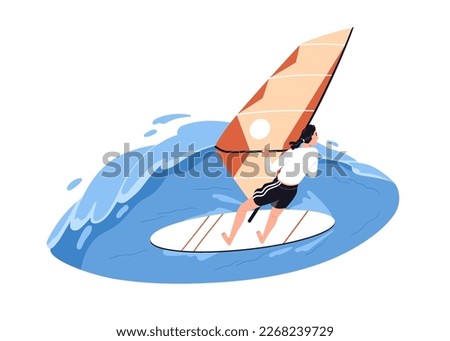 Person windsurfing, sailboarding. Windsurfer on board boardsailing in sea water, wave. Wind surfing and sailing activity in ocean in summer. Flat vector illustration isolated on white background