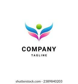 Person with Wings Logo Concept. Freedom or human logo symbolizing success and happiness for yoga or charity in colorful gradient design style