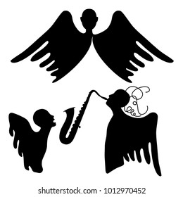 The person with wings sings, the angel plays a saxophone. Vector illustration.
