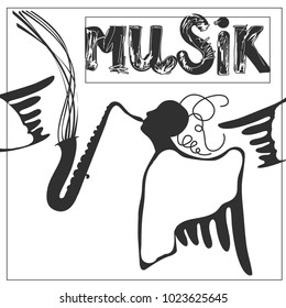 The person with wings sings, the angel plays a saxophone. Vector illustration.