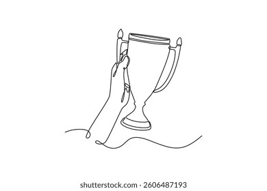 person winner get first place trophy. personal goals concept. Personal goals concept. Single line draw design. Vector graphic illustration