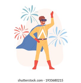 Person winning in virtual reality and feeling like superhero. Guy playing in cyberspace using VR headset. Colored flat cartoon vector illustration of game-winner isolated on white background