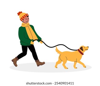 Uma pessoa em trajes de inverno anda com um cão alegre em uma coleira durante um dia ensolarado ao ar livre