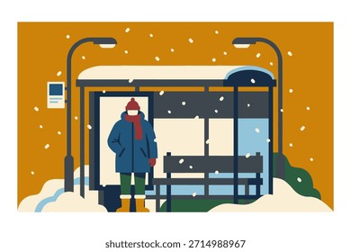 Person in winter clothes standing at bus stop. Snowfall covers ground and bus shelter. Waiting for transport in cold.