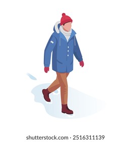 Persona con ropa de invierno caminando sobre la nieve. Ilustración vectorial