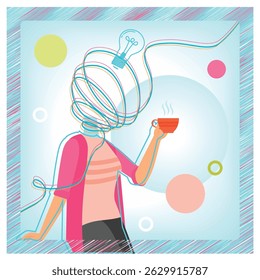A person with wire-like thoughts and a light bulb idea while holding a steaming cup, representing creativity, problem-solving, and inspiration. Music and art concept.