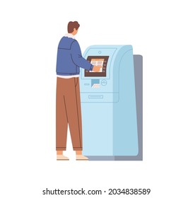 Person withdrawing cash in ATM. Man using automated teller machine for money withdrawal and bank payments. Electronic terminal with touch screen. Flat vector illustration isolated on white background