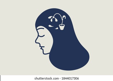 Person without energy illustration. A wilted flower in a head of a sad woman. Line art book illustration. Neutral background. Vector.