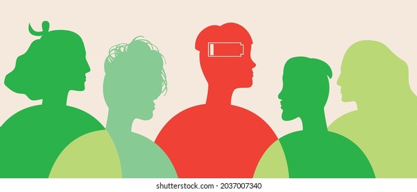 A person without energy in society. Silhouette vector stock illustration. Battery indicator. Emotional burnout in a person. Society is against. Color illustration