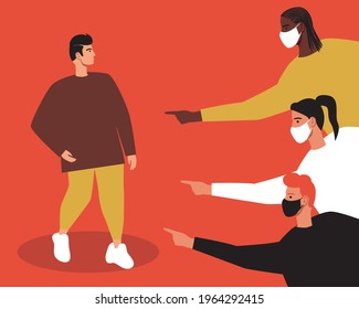 Person without face mask, covid pandemic. Flat vector stock illustration. Society condemns and disapproves. Public opinion during the coronavirus lockdown. Mask for covid-21. Vector graphics