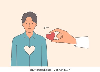 Person without heart needs organ donor to continue living and restore health, impaired by dangerous disease. Absence of heart as metaphor for problems in romantic and love relationships