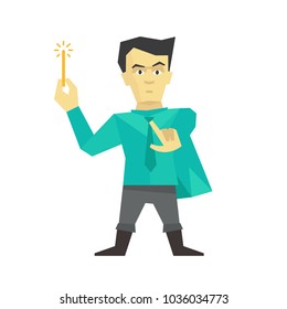 Person wizard, magician witch man with magic wand. Beware of magic. Flat color vector illustration.