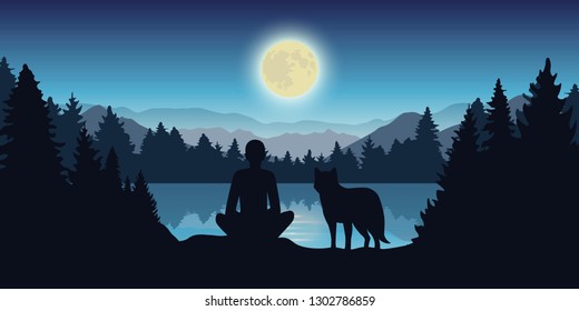 person and wolf are looking at the full moon in nature vector illustration EPS10