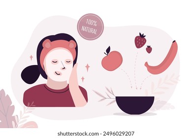 Person of the woman with cosmetology fruit mask. Skin problems. Mask with strawberries, banana and apple. Facial treatment. Girl puts cosmetic mask on her face. flat vector illustration