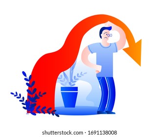 The person wondered what to do with the fall in sales. The sales curve goes down sharply. Vector illustration on the theme of Finance.