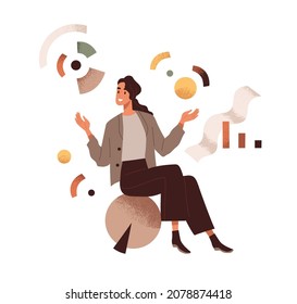 Person work with abstract business system, organizing data, analyzing statistics. Creative woman arranging modern geometric shapes. Analytics and organization concept. Colored flat vector illustration