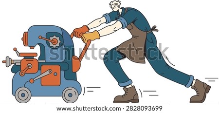 A person in work clothes pushes a heavy industrial machine on wheels, demonstrating effort and movement. The illustration style is clean and modern.